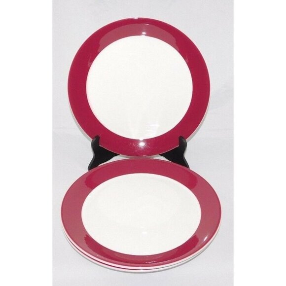Set Of 3 Syracuse China Syralite 10 3/4" Dark Red Rim Ceramic Dinner Plates - Picture 1 of 3